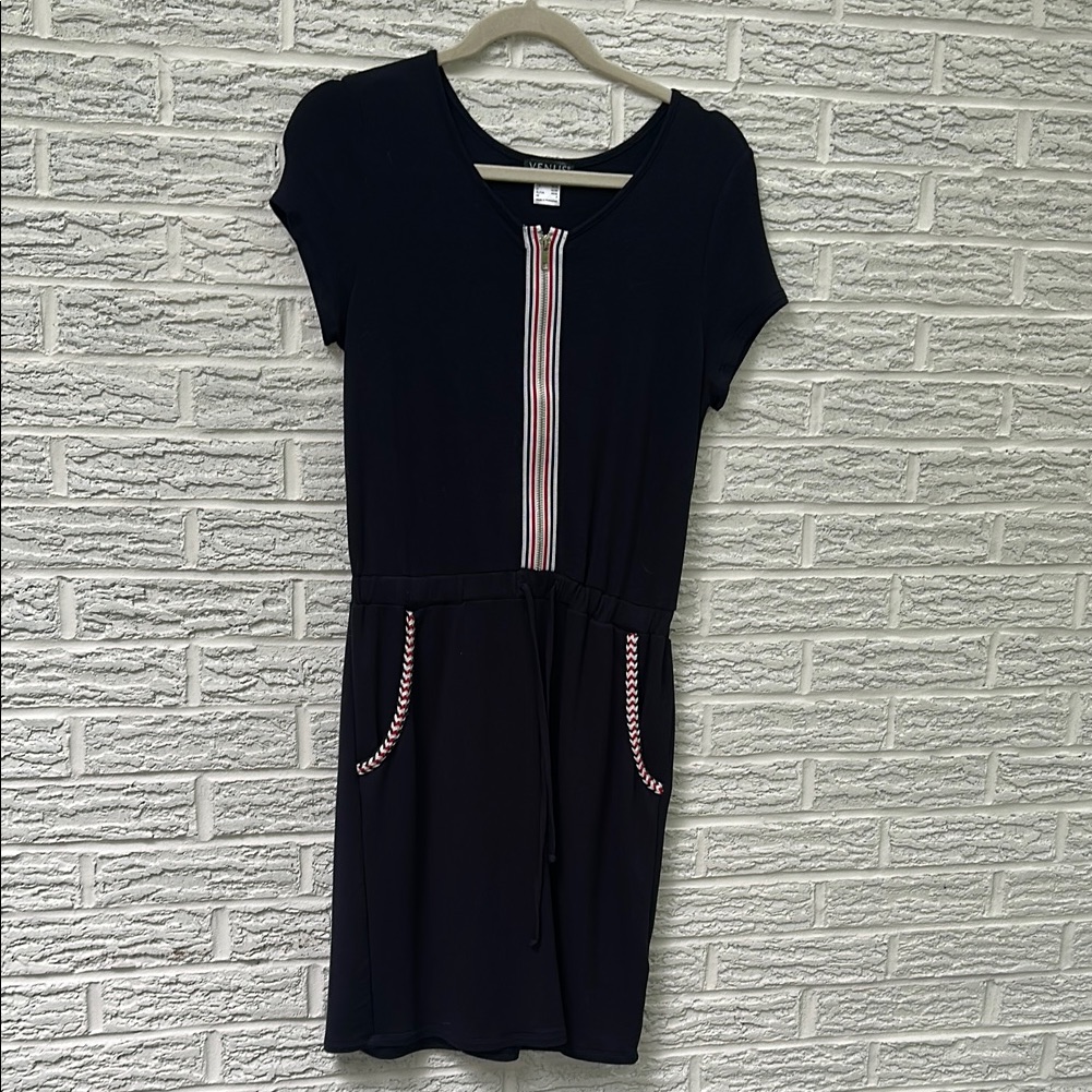 Venus Navy Blue And Striped Accent Cotton Dress